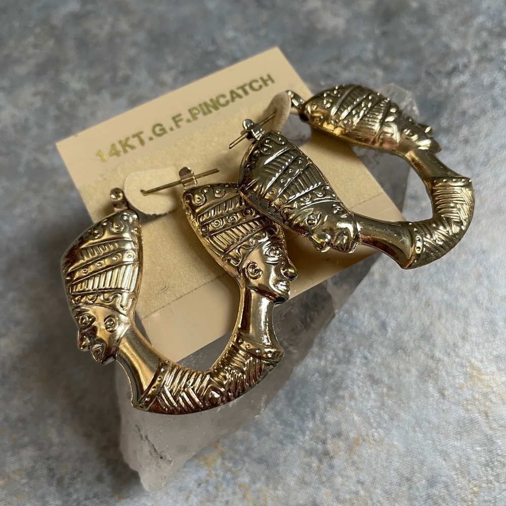 Egyptian Revival Gold Pillow Hoop Post Earrings